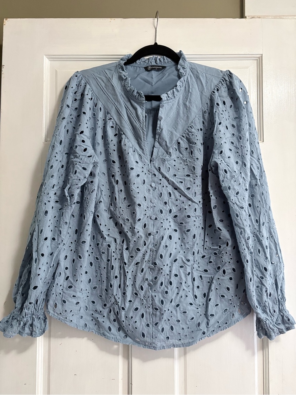 Women's Light Blue Eyelet Ruffle-Trim Long Sleeve Top